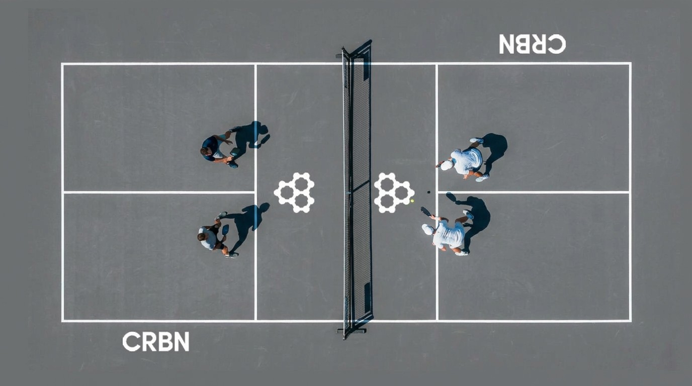 Aerial view of a CRBN-branded pickleball court