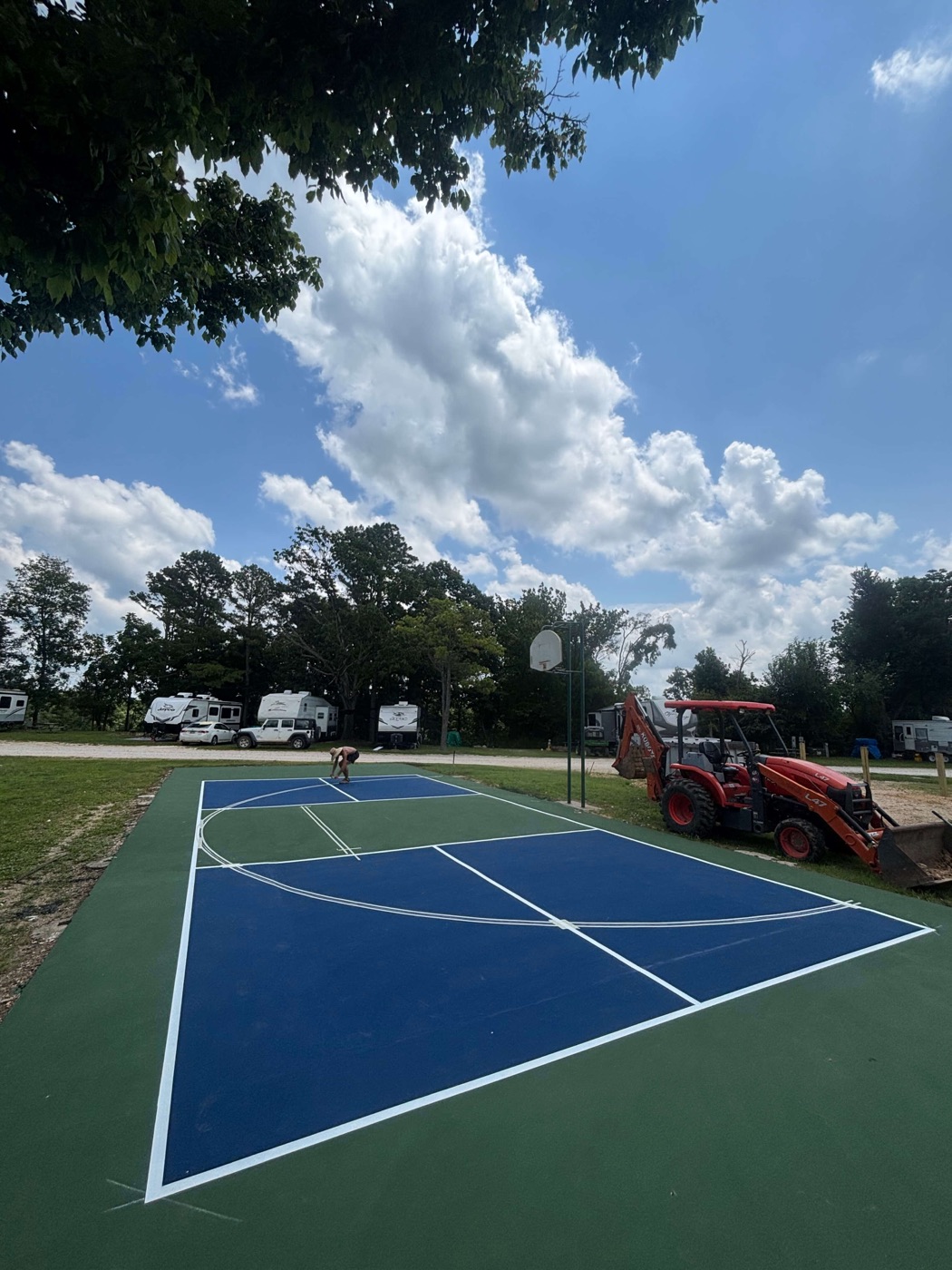 Freshly resurfaced and repainted RV park pickleball court